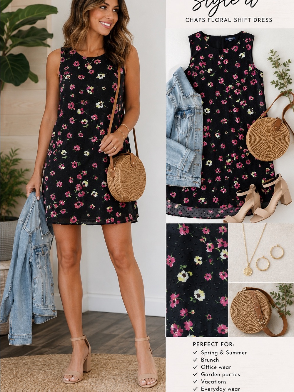 Chaps Black Floral Mini Dress with Pink & Cream Blooms